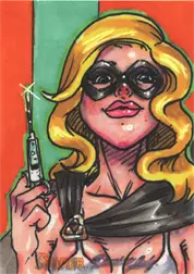 Stylized illustration of a blonde woman with sunglasses on a Moonstone sketch card