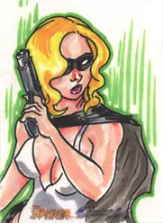 Stylized cartoon sketch card of a blonde woman in sunglasses holding a gun