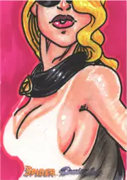 Stylized sketch card of a blonde woman with sunglasses on a pink background