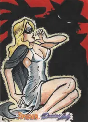 Stylized illustration of blonde woman in silver dress on Moonstone Domino sketch card by Robin Thompson
