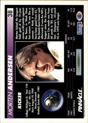 Morten Andersen - 1992 Pinnacle - #38 - Football - Football Card Single
