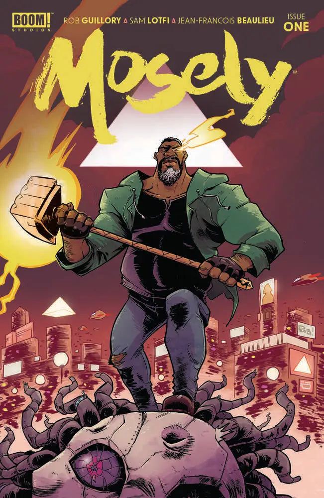 Comic book cover of Mosely #1 by Rob Guillory featuring a muscular figure with a sledgehammer