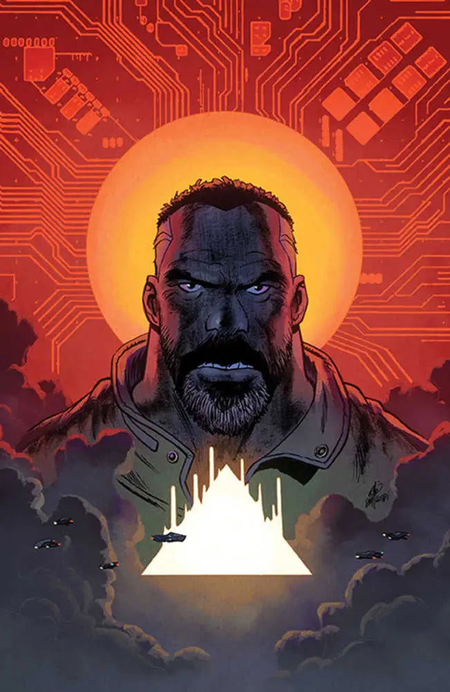 Intense bearded man with halo on red circuit board for Rob Guillory trading cards