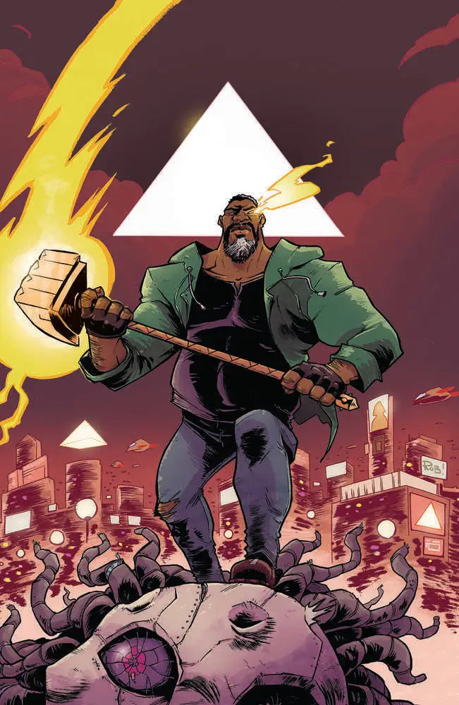 Muscular man in green jacket wielding flaming sledgehammer for Mosely #1 by Rob Guillory
