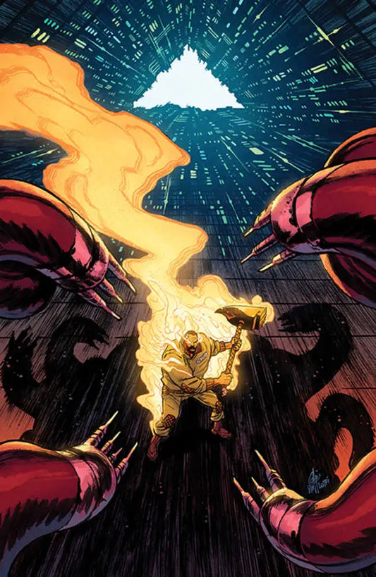 Fiery humanoid figure between dark forms on Mosely #2 Unlockable Variant trading cards