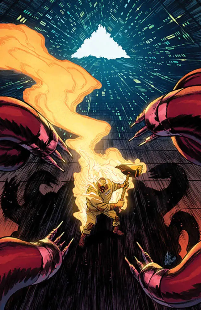 Fiery humanoid figure between dark forms on Mosely #2 Unlockable Variant trading cards
