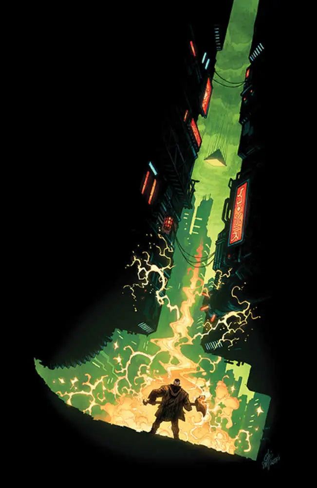 Glowing green sword piercing darkness, part of Mosely #4 Unlockable Variant Lotfi trading cards