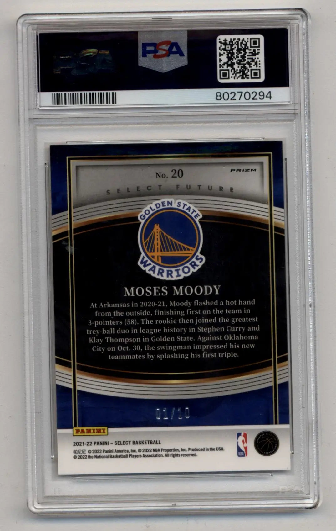 Moses Moody 2021-22 Select Select Futures Gold 01/10 PSA 10 Gem Mint - Basketball Card Single