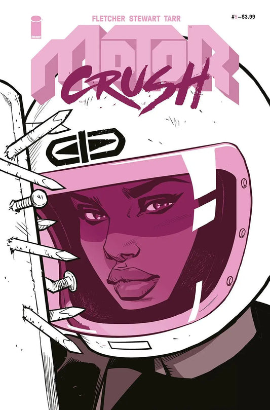Pink and white comic book cover for Motor Crush 5 Var B featuring motorcycle helmet