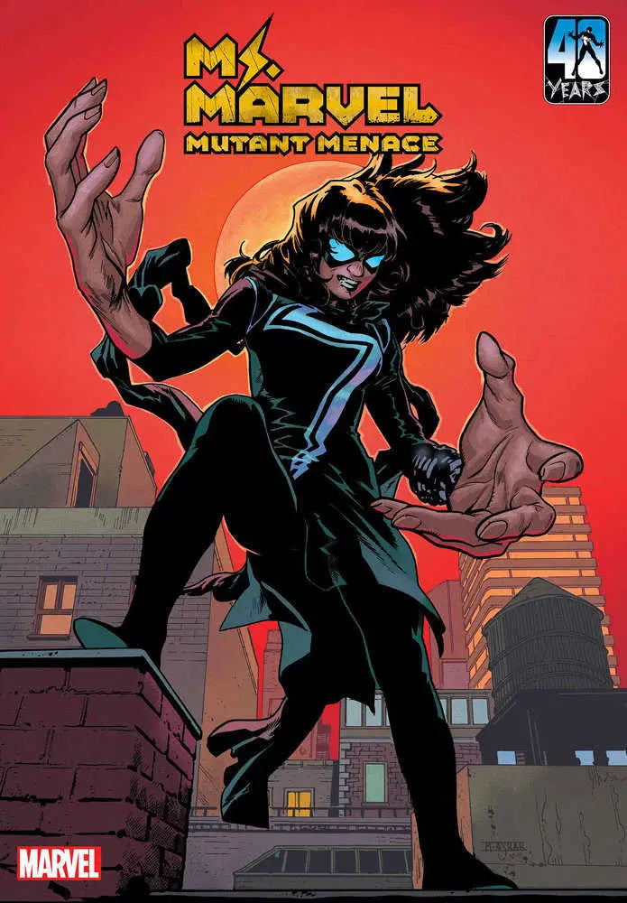 Superhero in a black costume with blue accents for Ms. Marvel trading cards variant
