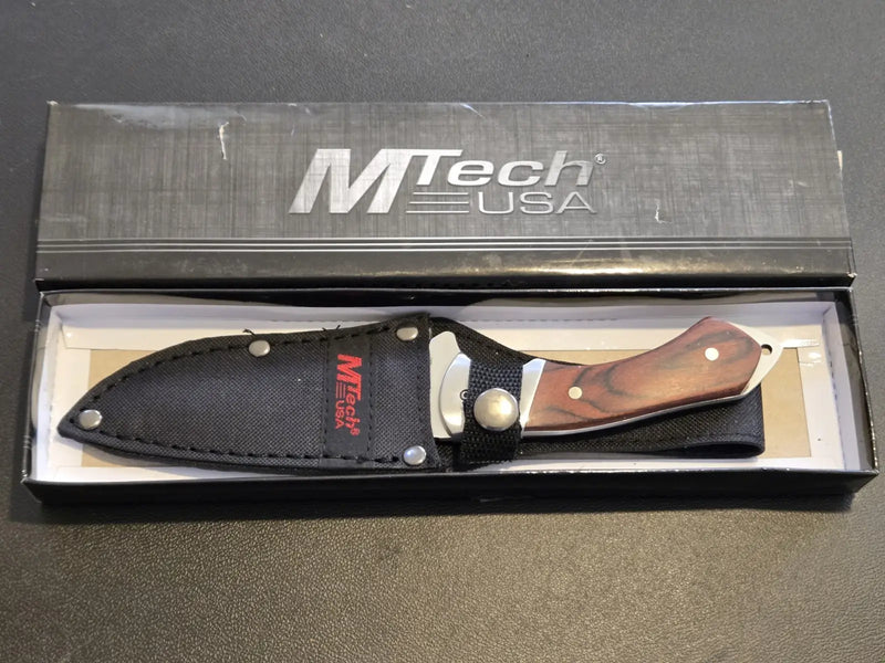 MTech USA MT-080 Fixed Blade Knife Wood Handle Stainless Steel Nylon Sheath NIB - Other