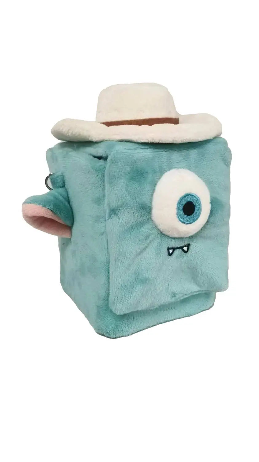 Teal cube-shaped MTG Fblthtp Outlaws of Thunder Junction Arty Box plush toy with cowboy hat