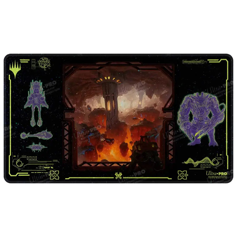 Futuristic fiery industrial MTG UltraPro Playmat with non-slip rubber backing and neon purple figures