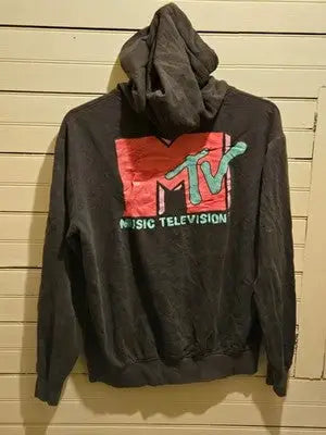 MTV Hoodie Mens M Black Music Television Graphic Pullover Hooded Sweatshirt - Apparel