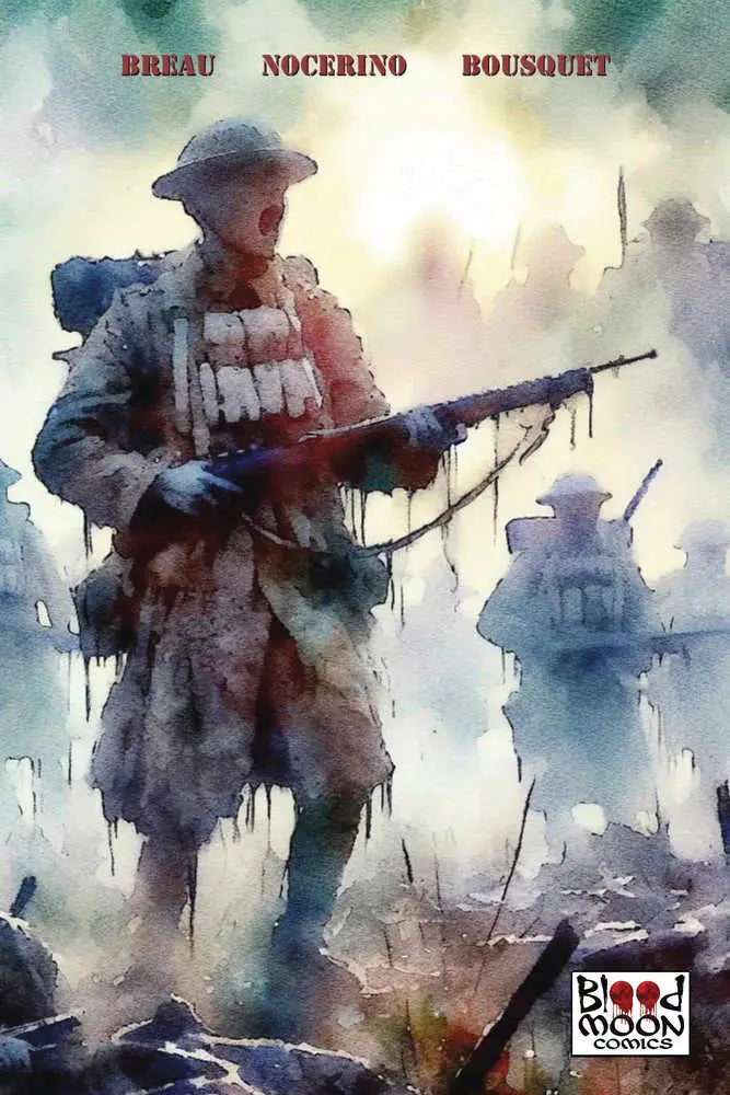 Watercolor painting of soldiers from Mud And Madness #3 trading cards cover art