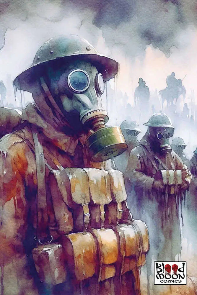 Watercolor painting of soldiers in gas masks for Mud And Madness #3 trading cards