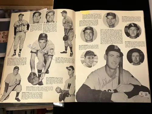Open baseball magazine showcasing Multi-Signed 1963 Old Timers Baseball Photo Album Volume 2