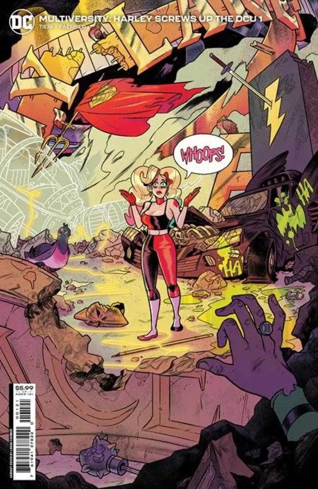Comic book cover artwork of superhero in red costume amidst chaos for Multiversity Harley Screws Up The DCU #1 Card Stock Variant