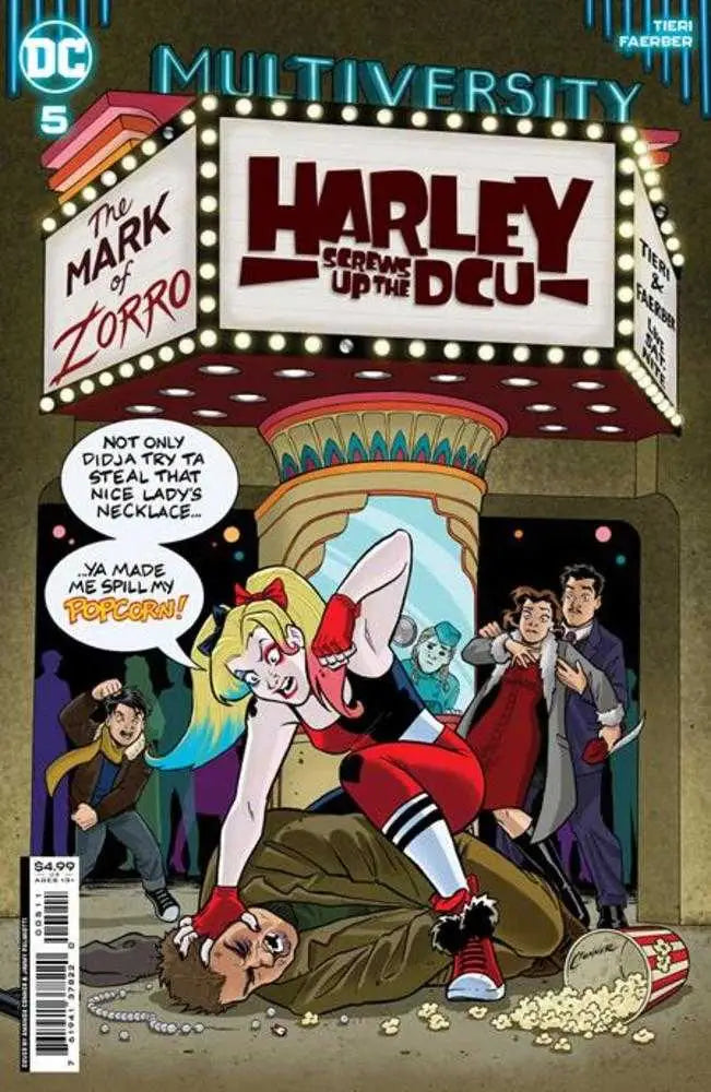 Comic book cover of Multiversity Harley Screws Up The Dcu #5 featuring characters in a movie theater with marquee lights displaying Harley, ideal for trading cards collectors