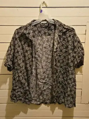 Murano Shirt Womens L Black White Printed Short Sleeve Button Front Casual Top - Apparel