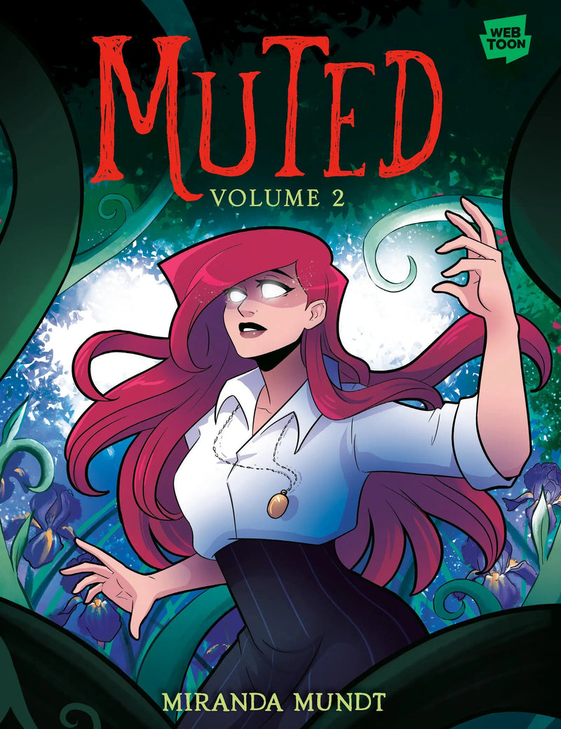 Muted Volume 2 graphic novel cover with red-haired woman, glowing eyes, vines, and flowers