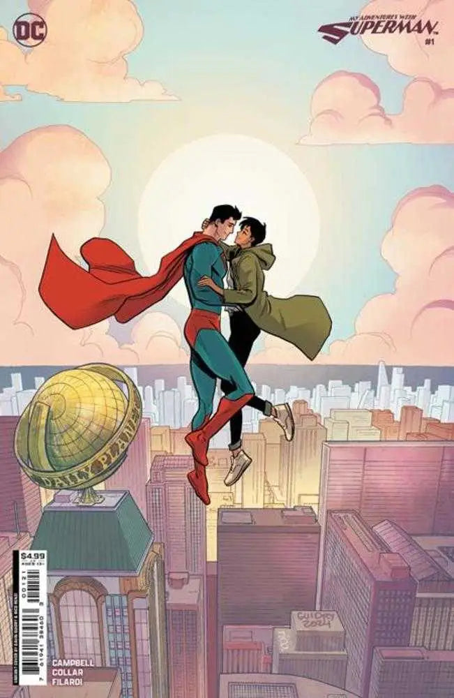 Two figures embrace over a city, featuring a red cape for My Adventures With Superman trading cards