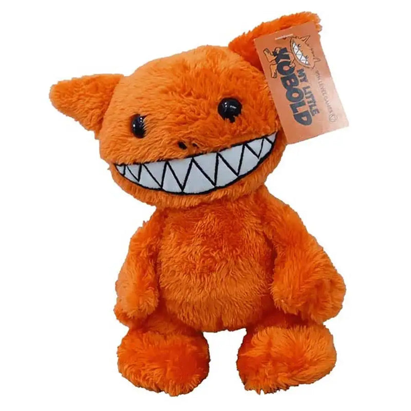 Orange furry kobold plush toy with big teeth and wide smile from My Little Kobold Plush