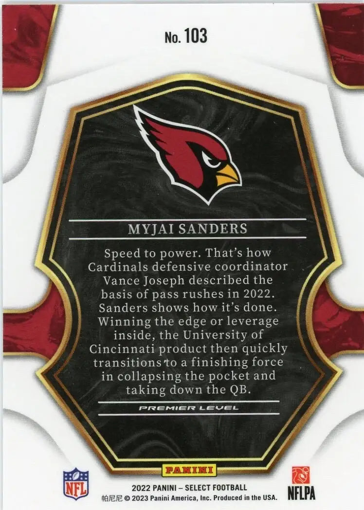 Myjai Sanders Rookie 2022 Panini Select Premier #103 Arizona Cardinals Football - Football Card Single