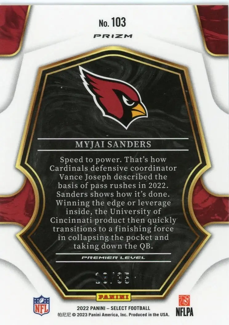 Myjai Sanders Rookie 2022 Panini Select White /35 Arizona Cardinals Football NFL