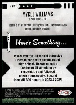 Mykel Williams 2025 SAGE HIT Blue #175 Georgia Bulldogs - Football Card Single