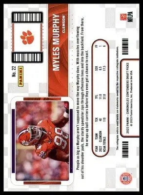 Myles Murphy 2023 Panini Chronicles Draft Contenders College Ticket #22 Clemson - Football Card Single
