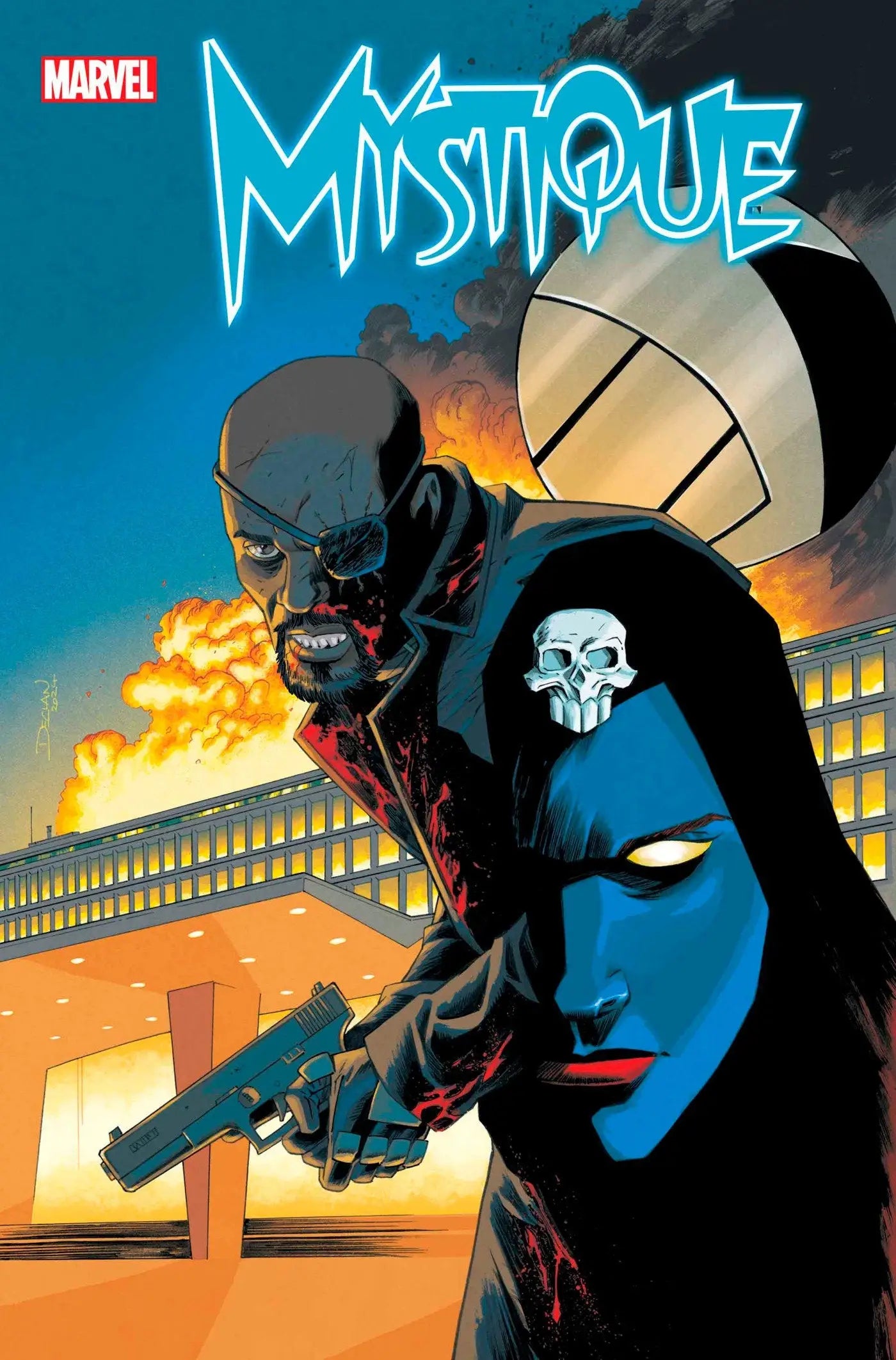 Comic book cover of Mystique #4 featuring a blue-skinned character with skull emblem