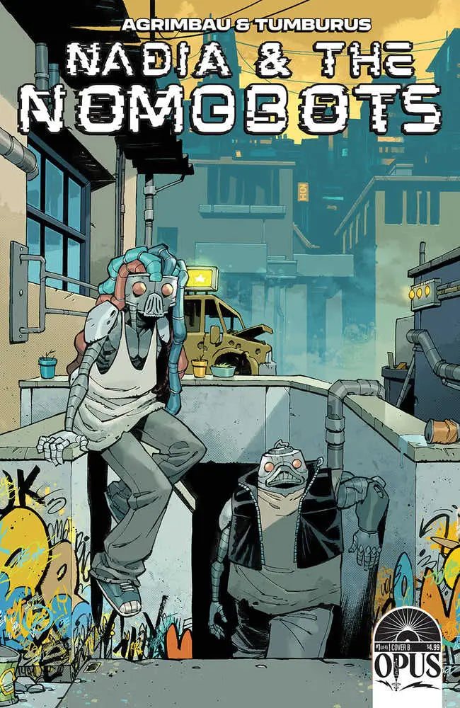 Comic book cover of Nadia Nomobots #1 featuring robots in a cyberpunk city setting