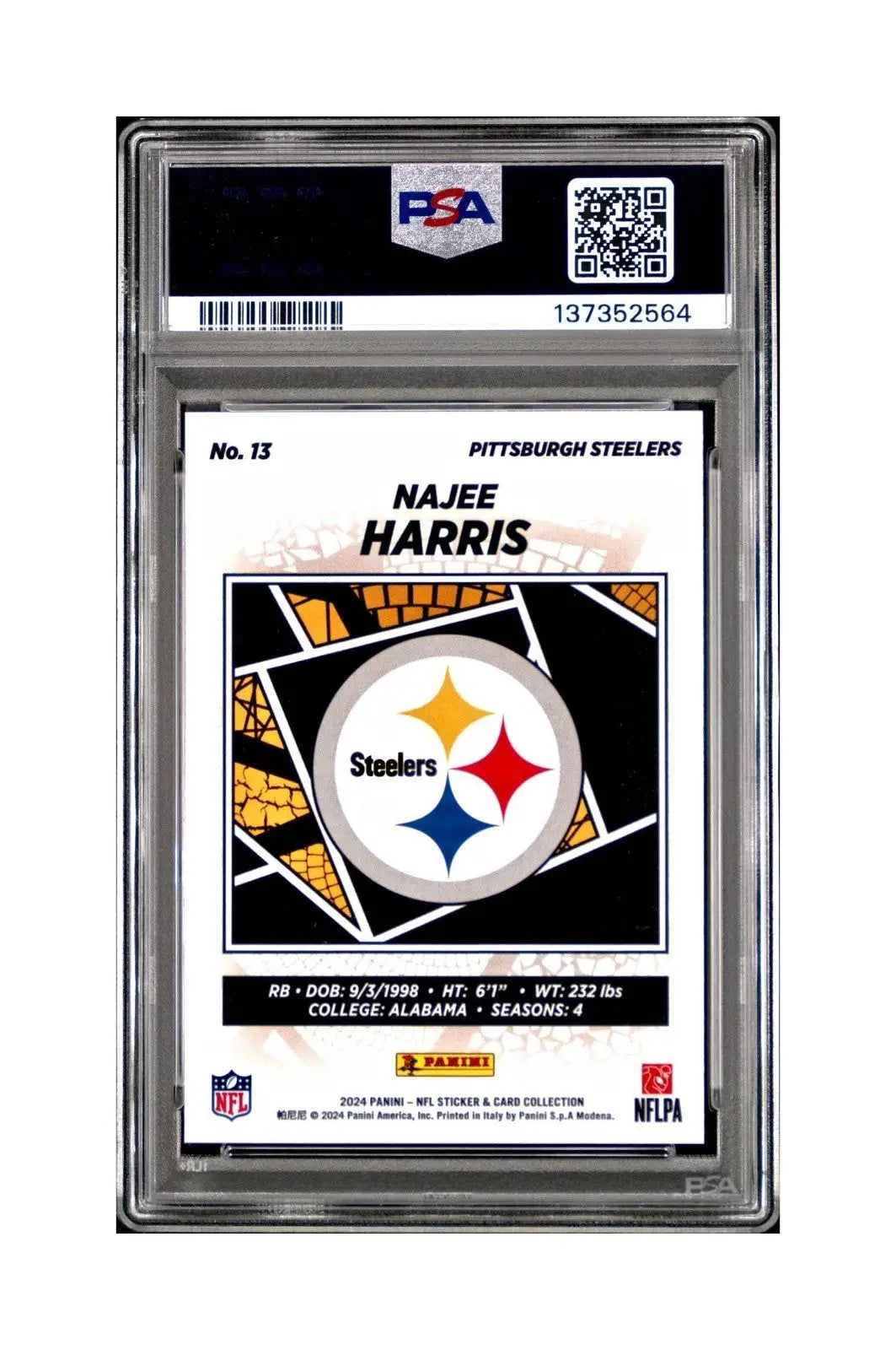 Najee Harris 2024 Panini Sticker Collection 260/349 #13 Blue Foil PSA 8 NM-MT
