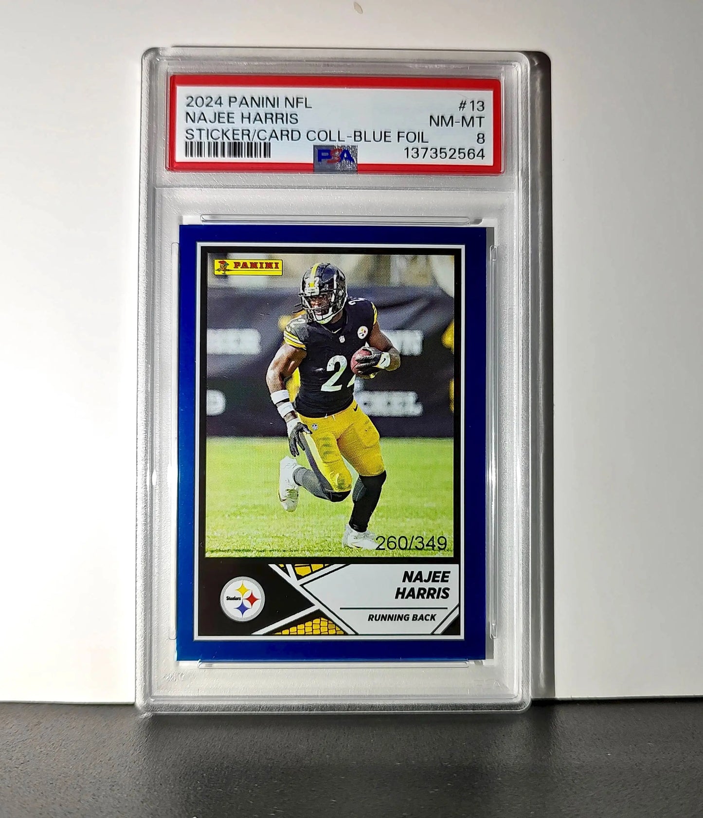 Najee Harris 2024 Panini Sticker Collection 260/349 #13 Blue Foil PSA 8 NM-MT