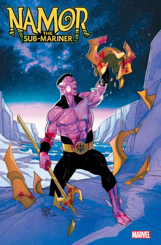 Muscular purple-skinned superhero in dramatic pose on Namor Conquered Shores #5 cover