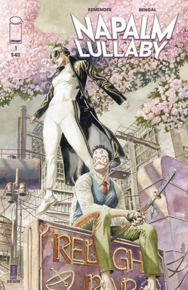 Comic book cover of Napalm Lullaby #1 featuring dynamic characters and cherry blossoms