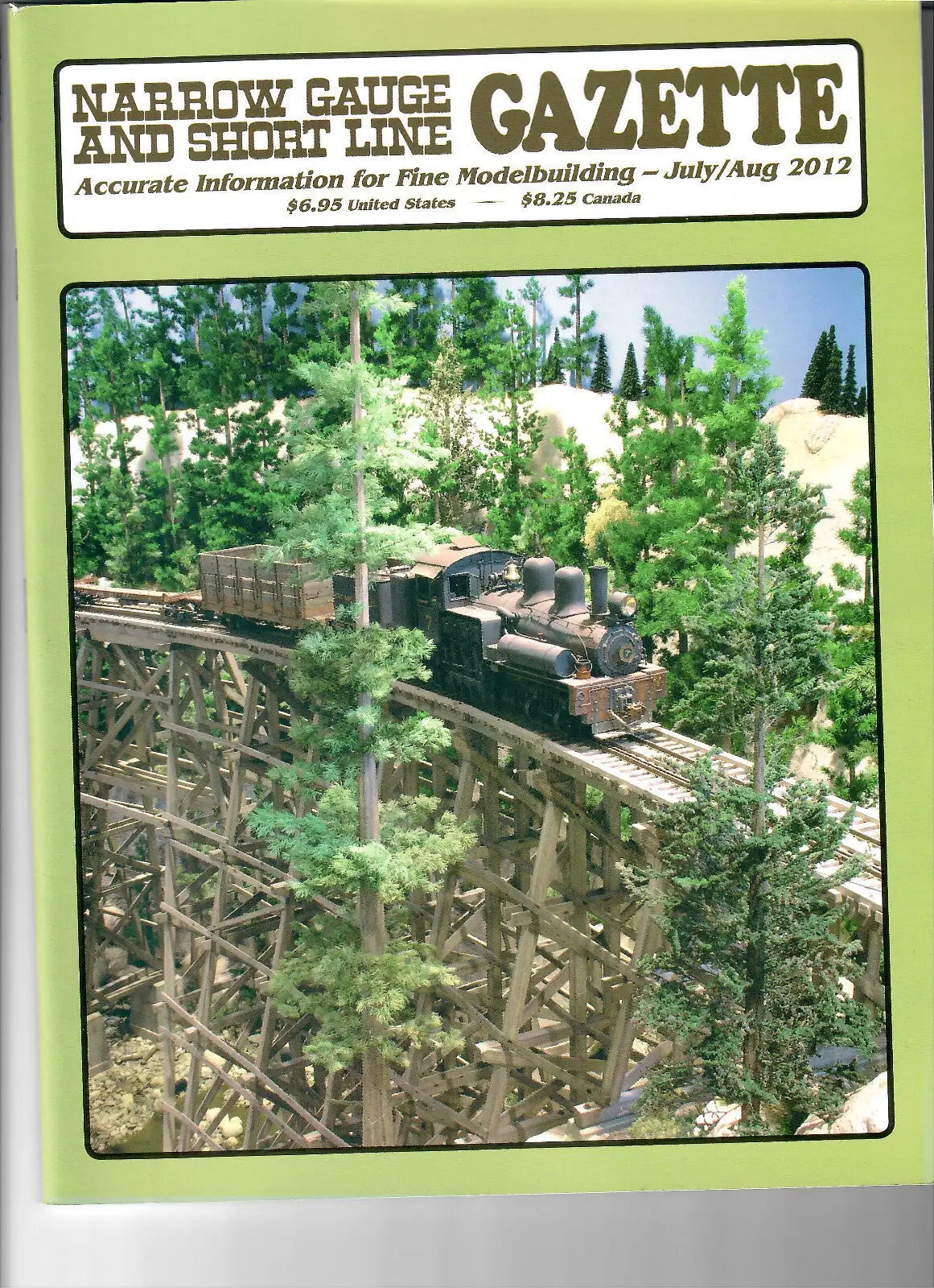 Model train magazine with steam locomotive on wooden trestle bridge for Short Line Gazette July August 2012