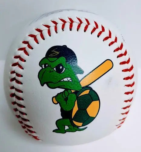 Original gloss Nate Hanson signed baseball featuring turtle mascot for Beliot Snappers