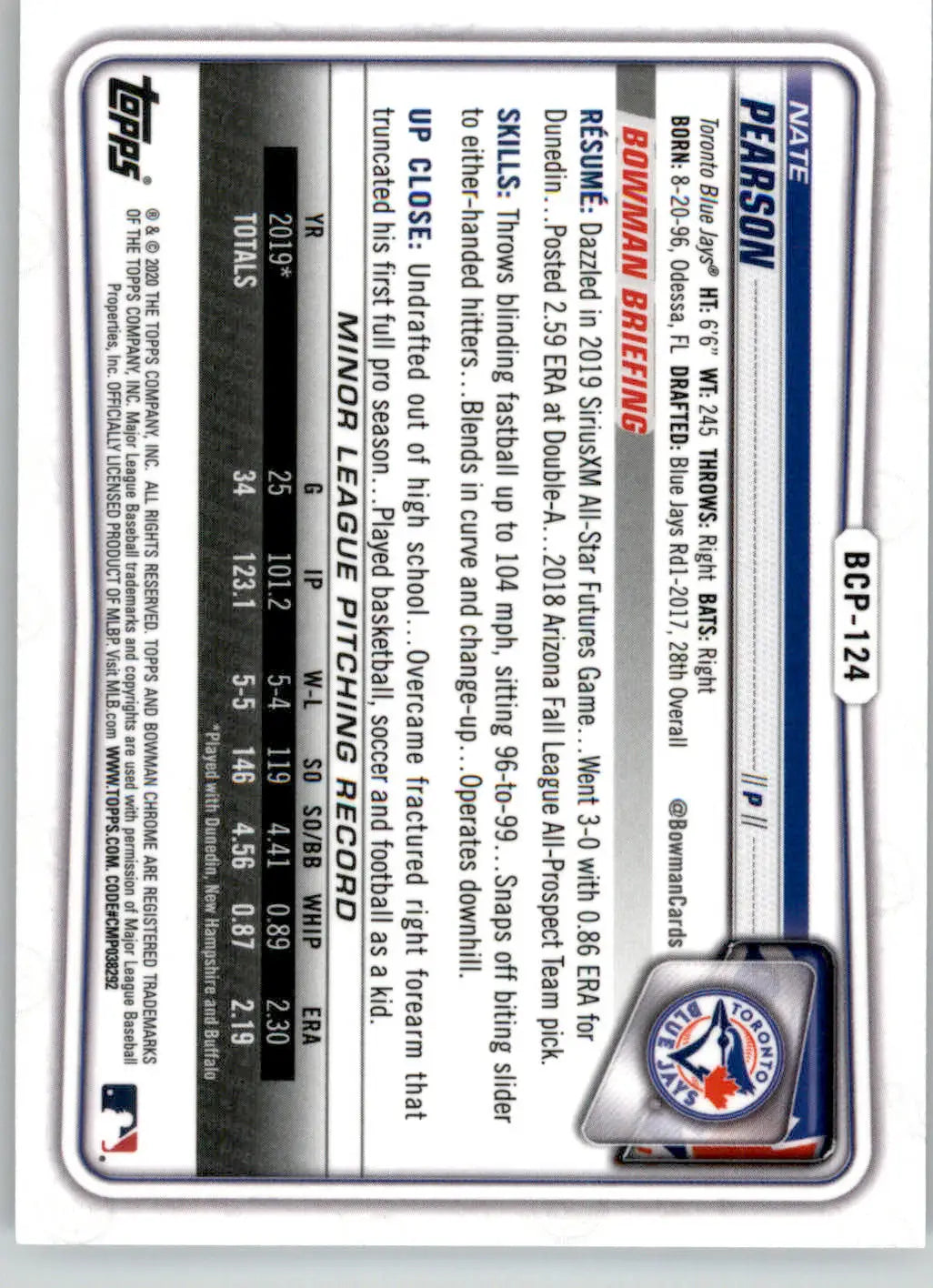 Nate Pearson - 2020 Bowman - #BCP-124 - Chrome Prospects Baseball - Baseball Card Single