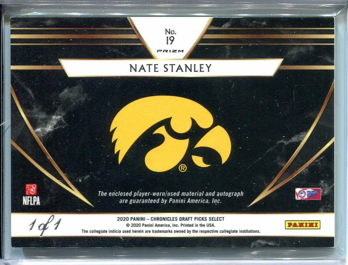 Nate Stanley football card featuring Select Chronicles Gold Vinyl Auto Nike Swatch IOWA
