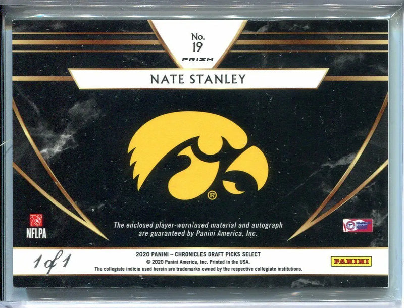 Nate Stanley football card featuring Select Chronicles Gold Vinyl Auto Nike Swatch IOWA