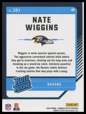 Nate Wiggins Rookie 2024 Donruss Optic #281 Baltimore Ravens