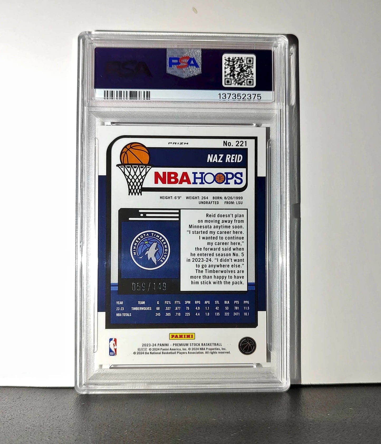 Naz Reid 2023 Panini Hoops Premium #221 59/149 Red Disco Prizm PSA 10 Gem Mint