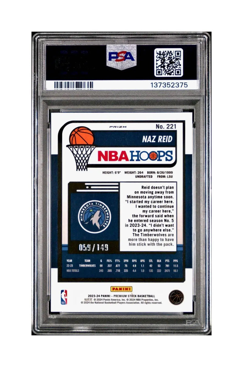 Naz Reid 2023 Panini Hoops Premium #221 59/149 Red Disco Prizm PSA 10 Gem Mint