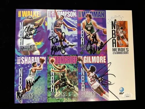 Signed NBA Heroes Hardcourt Signed Card Sheet featuring Sharman, Gilmore, Moncrief, Thompson