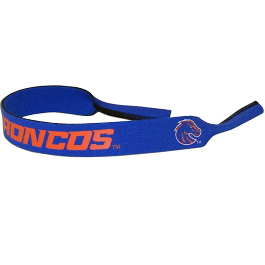 Blue neoprene sunglasses strap holder with Broncos team logo for sports fans