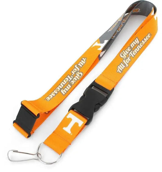 Orange Tennessee slogan lanyard with detachable clip, ideal for holding trading cards