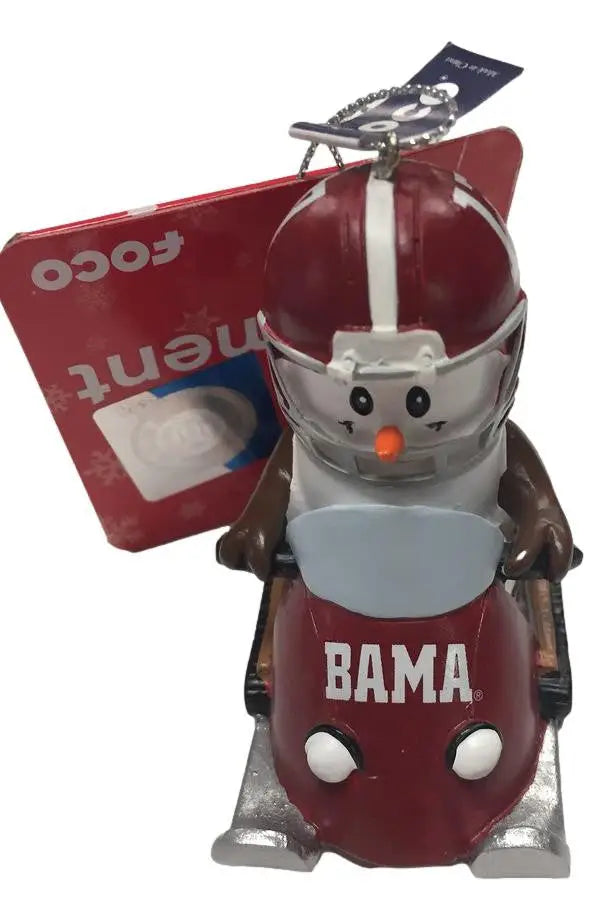 Snowman-shaped ornament in a red BAMA jersey for NCAA Snowman Smores collection
