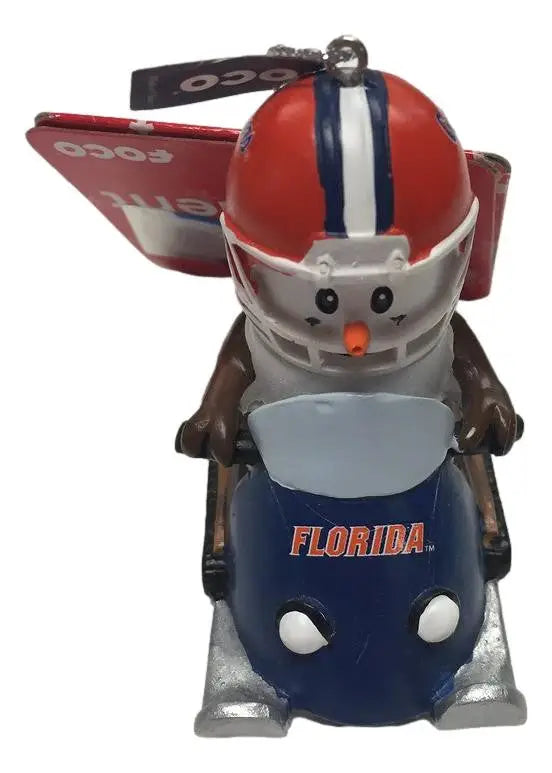 Cartoon football player figurine in Florida uniform for NCAA Snowman Smores ornament